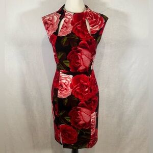 Alexa B black and red roses high neck cutout sheath dress size 4
